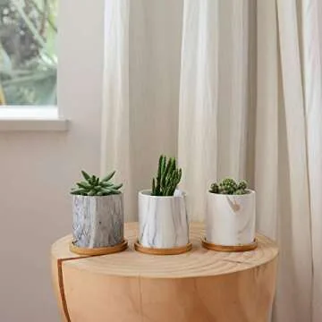 Dsben 3.2 Inch Succulent Plant Pots, Small Marble Pattern Ceramic Flower Planter Indoor with Bamboo Tray for Cactus Herb Home, Set of 3 (Plants Not Included)