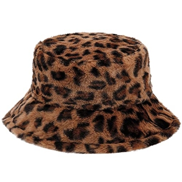 Mimfutu Winter Furry Bucket Hat for Women Men, Warm Fluffy Fuzzy Bucket Hats (Leopard Brown)