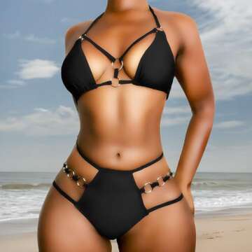 EJsoyo Womens Sexy Thong Bikini Swimsuits String Push up Padded Bathing Suit 2 Piece Cheeky Swimwear with Metal Ring (Large, Black)