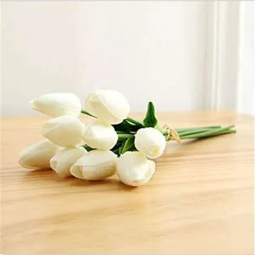 chilsoby 30 Pcs Artificial Tulip Flowers Real Touch Tulips Fake PU Tulip Flower Bouquet for Home Wedding Party Office Decor (Off White)