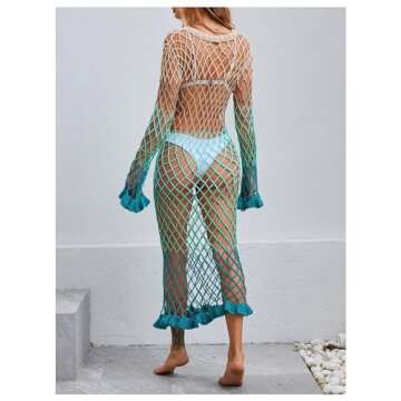 BEAUDRM Women's Crochet Cover Up Long Sleeve Mesh Fishnet Beach Swimwear Cover Ups Dress Multicolor Medium