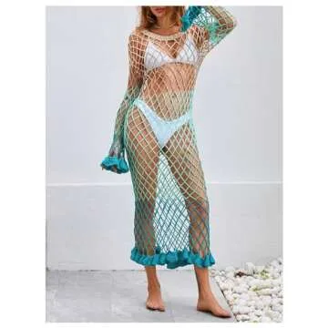 BEAUDRM Women's Crochet Cover Up Long Sleeve Mesh Fishnet Beach Swimwear Cover Ups Dress Multicolor Medium