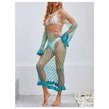 BEAUDRM Women's Crochet Cover Up Long Sleeve Mesh Fishnet Beach Swimwear Cover Ups Dress Multicolor Medium