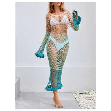 BEAUDRM Women's Crochet Cover Up Long Sleeve Mesh Fishnet Beach Swimwear Cover Ups Dress Multicolor Medium