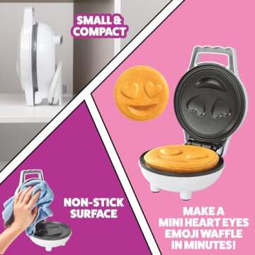 Valentine's Day Heart Eyes Emoji Mini Waffle Maker- Make Breakfast Special w Cute Personal-Sized 4" Smiley Face Pancakes- Electric NonStick Baker Iron, Loving Treat Gift for Her Kids- Recipes Included