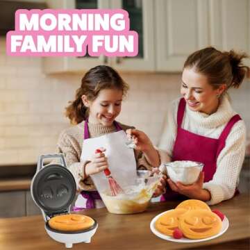 Valentine's Day Heart Eyes Emoji Mini Waffle Maker- Make Breakfast Special w Cute Personal-Sized 4" Smiley Face Pancakes- Electric NonStick Baker Iron, Loving Treat Gift for Her Kids- Recipes Included