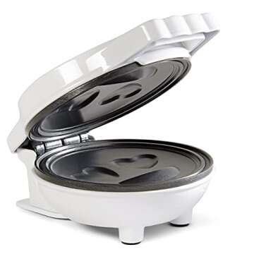 Valentine's Day Heart Eyes Emoji Mini Waffle Maker- Make Breakfast Special w Cute Personal-Sized 4" Smiley Face Pancakes- Electric NonStick Baker Iron, Loving Treat Gift for Her Kids- Recipes Included