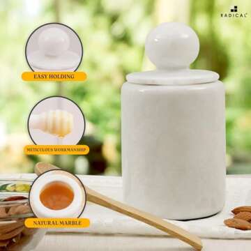 Radicaln Marble Honey Pot 5.5'' Inches White Handmade Honey Jar with Dipper and Lid - Honey Dispenser For Kitchen Tabletop, Mini Honey Jars For Countertop Storage, Honey Dipper & Sugar Dispenser