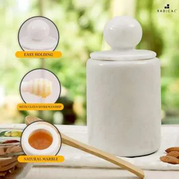 Radicaln Marble Honey Pot 5.5'' Inches White Handmade Honey Jar with Dipper and Lid - Honey Dispenser For Kitchen Tabletop, Mini Honey Jars For Countertop Storage, Honey Dipper & Sugar Dispenser