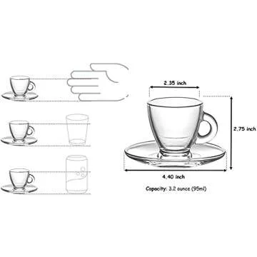 "Roma" 3.2-Ounce. Small Demitasse Clear Glass Espresso Drinkware, Set of 6 Cups/Saucers + Set of 6 Stainless Steel 18/10 mini Espresso Spoons! Hostess, Coffee Lover/Enthusiast, Espresso.
