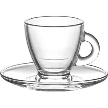 "Roma" 3.2-Ounce. Small Demitasse Clear Glass Espresso Drinkware, Set of 6 Cups/Saucers + Set of 6 Stainless Steel 18/10 mini Espresso Spoons! Hostess, Coffee Lover/Enthusiast, Espresso.