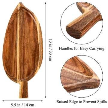 Youeon 2 Pcs Acacia Wood Serving Trays, 13" x 5.5" Leaf Shaped Wooden Trays for Decor, Novelty Trays...