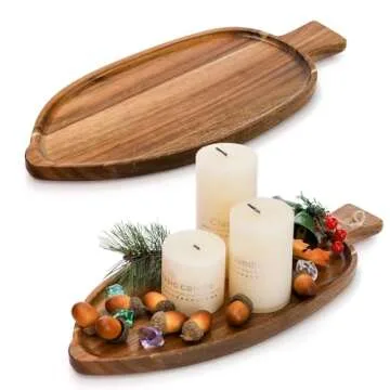 Youeon 2 Pcs Acacia Wood Serving Trays, 13" x 5.5" Leaf Shaped Wooden Trays for Decor, Novelty Trays for Food Serving, Small Wooden Plates Candle Holder for Kitchen Home Decor