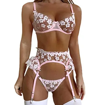 Kaei&Shi Bridal Lingerie,Floral Lace Ruffle Garter Lingerie Set,3 Piece Bachelorette Outfit For Brid...