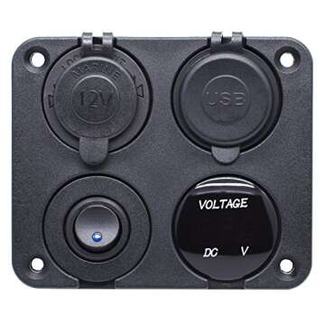 Cllena Dual USB Socket Charger 2.1A&2.1A + LED Voltmeter + 12V Power Outlet + ON-OFF Toggle Switch Four Functions Panel for Car Boat Marine RV Truck Camper Vehicles GPS Mobiles (Blue)