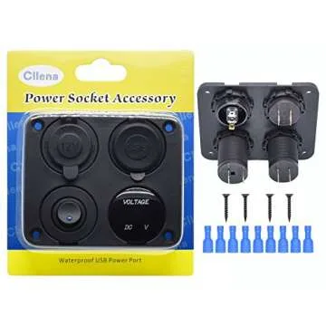 Cllena Dual USB Socket Charger 2.1A&2.1A + LED Voltmeter + 12V Power Outlet + ON-OFF Toggle Switch Four Functions Panel for Car Boat Marine RV Truck Camper Vehicles GPS Mobiles (Blue)