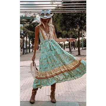 Angashion Women's Dresses Floral Adjustable Spaghetti Strap V Neck Boho Long Maxi Dress Summer Beach Flowy Ethnic Sundress 2141 Green Medium
