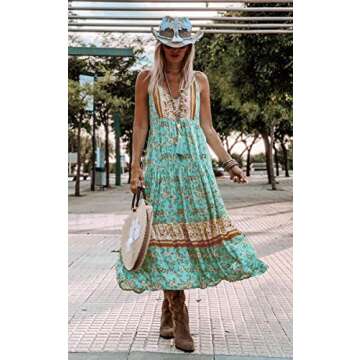 Angashion Women's Dresses Floral Adjustable Spaghetti Strap V Neck Boho Long Maxi Dress Summer Beach Flowy Ethnic Sundress 2141 Green Medium