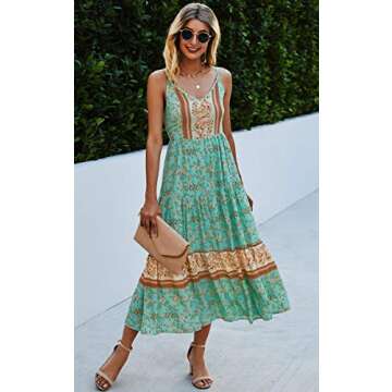 Angashion Women's Dresses Floral Adjustable Spaghetti Strap V Neck Boho Long Maxi Dress Summer Beach Flowy Ethnic Sundress 2141 Green Medium