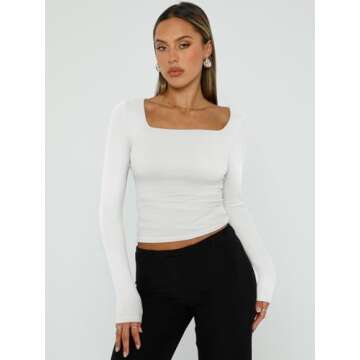 Trendy Queen Womens Long Sleeve Shirts Going Out Basic Crop Tops Fashion Y2k Workout Clothes Square Neck Fall Outfits White S