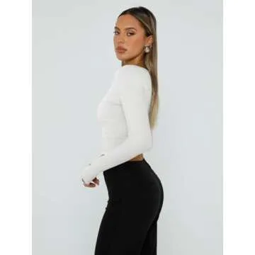 Trendy Queen Womens Long Sleeve Shirts Going Out Basic Crop Tops Fashion Y2k Workout Clothes Square Neck Fall Outfits White S