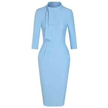 MUXXN Women's Lady Vintage 3/4 Sleeve Semi Formal Business Office Slim Pencil Dress with Pockets Airy Blue XXL
