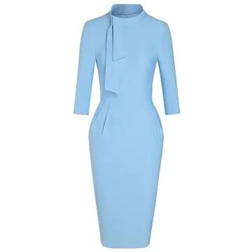 MUXXN Women's Lady Vintage 3/4 Sleeve Semi Formal Business Office Slim Pencil Dress with Pockets Airy Blue XXL