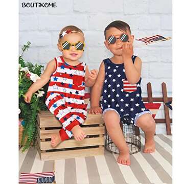 BOUTIKOME Infant Baby Boy Girl 4th of July Outfit Newborn Onesie Romper American Flag Sleeveless One Piece Bodysuit（Red,18-24M）