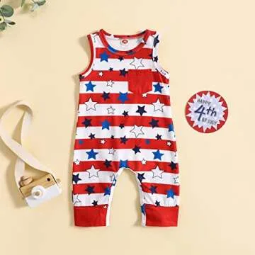 BOUTIKOME Infant Baby Boy Girl 4th of July Outfit Newborn Onesie Romper American Flag Sleeveless One Piece Bodysuit（Red,18-24M）