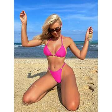 MIKETAI Sexy Bikinis for Women 2 Piece Bikini Spaghetti Strap Swimsuits Solid Color Bathing Swimwear Triangle Bathing Suit (Rose Red S)