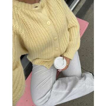 Arssm Womens Cute Cardigan Sweater Long Sleeve Crewneck Button Down Cardigans Knit Top Fashion 2024 Knitwear(Yellow-S)