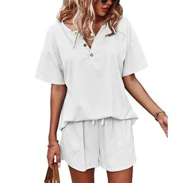BZB Womens 2 Piece Short Sleeve Sweatsuit Sets V-neck Pullover and Shorts Solid Color Outfits Tracksuits