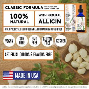Pure Garlic Extract with Allicin Classic Formula Boost Immune Support Vegan Friendly Natural Supplement, Raw Organic Garlic in Liquid Form, Natural Superfood with Nutrients and Minerals 1 fl oz Bottle