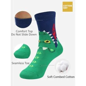 COTTON DAY Kids Boys Fun Novelty Socks - Colorful Patterns for Ages 6-8