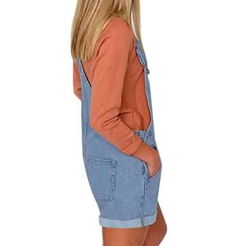 Vetinee Women's Light Blue Classic Adjustable Straps Cuffed Hem Denim Bib Overall Shorts Medium