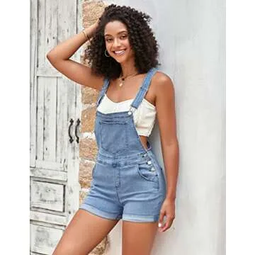 Vetinee Women's Light Blue Classic Adjustable Straps Cuffed Hem Denim Bib Overall Shorts Medium