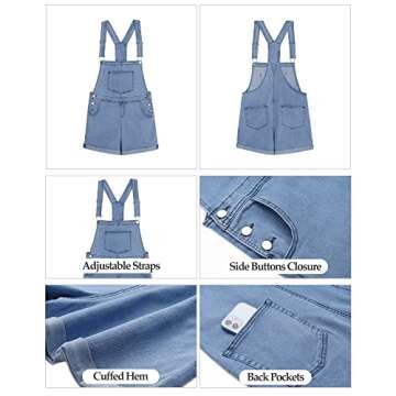 Vetinee Women's Light Blue Classic Adjustable Straps Cuffed Hem Denim Bib Overall Shorts Medium