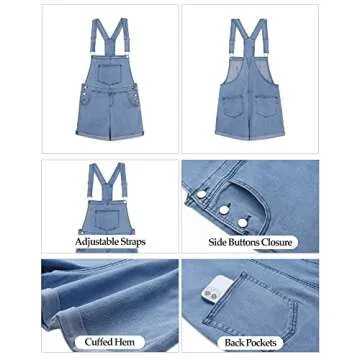Vetinee Women's Light Blue Classic Adjustable Straps Cuffed Hem Denim Bib Overall Shorts Medium