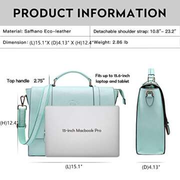 Laptop Briefcase for Women,15.6 Inch Work Tote Bag Trendy Computer Bag Business Satchel Purse with Professional Protection Padded Compartment for Work Travel,Mint