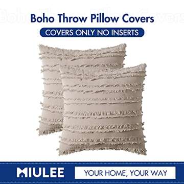 MIULEE Set of 2 Decorative Boho Throw Pillow Covers Linen Striped Jacquard Pattern Cushion Covers for Sofa Couch Living Room Bedroom 18x18 Inch Beige