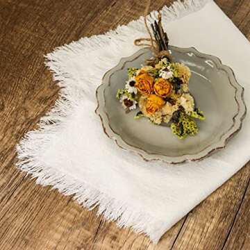 Dololoo Handmade Cloth Napkins with Fringe,18 x 18 Inches Cotton Linen Napkins Set of 6 Versatile Handmade Square Rustic Fringe Napkins for Dinner, Wedding and Parties, White