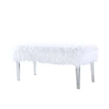 Iconic Home Trento Modern Contemporary Faux Fur Acrylic Leg Bench, White
