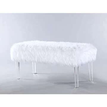 Iconic Home Trento Modern Contemporary Faux Fur Acrylic Leg Bench, White