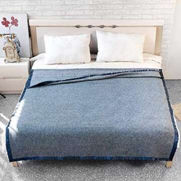 Spencer & Whitney Herringbone Wool Throw Blanket - Blue, Queen Size