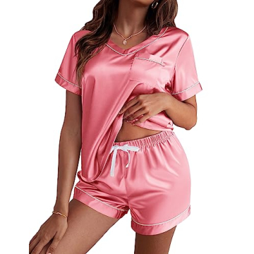 Ekouaer Silk Pajama for Women Short Sleeve Satin Pj Set Two Piece Soft Sleepwear Loungewear Casual P...