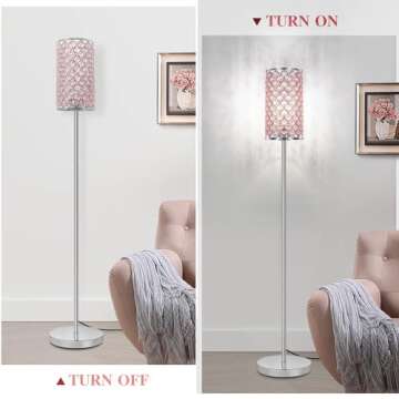 Crystal Floor Lamp for Bedroom, Silver Floor Lamp with Pink Shade, Girls Floor Lamp with On/Off Foot...