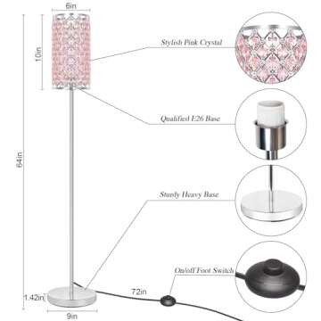 Crystal Floor Lamp for Bedroom, Silver Floor Lamp with Pink Shade, Girls Floor Lamp with On/Off Foot Switch, Elegant Standing Light Tall Pole Lamp for Living Room, Dresser, Office (E26 Base)