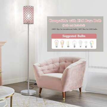 Crystal Floor Lamp for Bedroom, Silver Floor Lamp with Pink Shade, Girls Floor Lamp with On/Off Foot Switch, Elegant Standing Light Tall Pole Lamp for Living Room, Dresser, Office (E26 Base)
