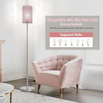 Crystal Floor Lamp for Bedroom, Silver Floor Lamp with Pink Shade, Girls Floor Lamp with On/Off Foot Switch, Elegant Standing Light Tall Pole Lamp for Living Room, Dresser, Office (E26 Base)