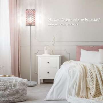 Crystal Floor Lamp for Bedroom, Silver Floor Lamp with Pink Shade, Girls Floor Lamp with On/Off Foot Switch, Elegant Standing Light Tall Pole Lamp for Living Room, Dresser, Office (E26 Base)